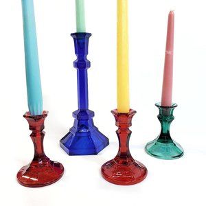 Colored Glass Candle Holders Indiana Style Candlesticks Lot of 4 Blue Green